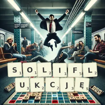 Kreatywna ilustracja do gry w Scrabble ze słowem SOLIFLUKCJĘ ułożonym z płytek na planszy.