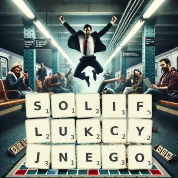 Kreatywna ilustracja do gry w Scrabble ze słowem SOLIFLUKCYJNEGO ułożonym z płytek na planszy.