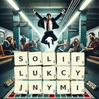 Kreatywna ilustracja do gry w Scrabble ze słowem SOLIFLUKCYJNYMI ułożonym z płytek na planszy.