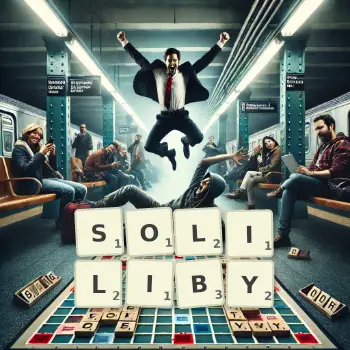 Kreatywna ilustracja do gry w Scrabble ze słowem SOLILIBY ułożonym z płytek na planszy.