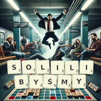 Kreatywna ilustracja do gry w Scrabble ze słowem SOLILIBYŚMY ułożonym z płytek na planszy.