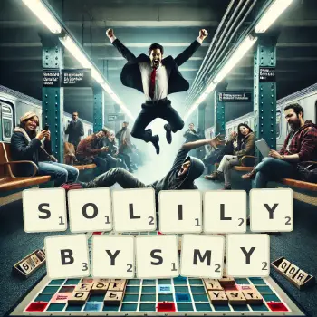 Kreatywna ilustracja do gry w Scrabble ze słowem SOLILYBYSMY ułożonym z płytek na planszy.