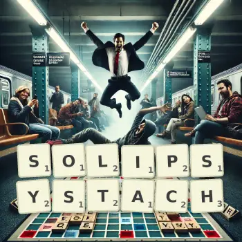 Kreatywna ilustracja do gry w Scrabble ze słowem SOLIPSYSTACH ułożonym z płytek na planszy.