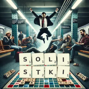 Kreatywna ilustracja do gry w Scrabble ze słowem SOLISTKI ułożonym z płytek na planszy.