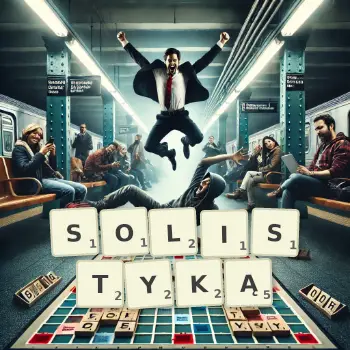 Kreatywna ilustracja do gry w Scrabble ze słowem SOLISTYKĄ ułożonym z płytek na planszy.