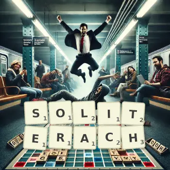 Kreatywna ilustracja do gry w Scrabble ze słowem SOLITERACH ułożonym z płytek na planszy.