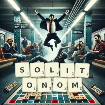 Kreatywna ilustracja do gry w Scrabble ze słowem SOLITONOM ułożonym z płytek na planszy.