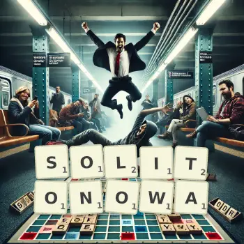 Kreatywna ilustracja do gry w Scrabble ze słowem SOLITONOWA ułożonym z płytek na planszy.