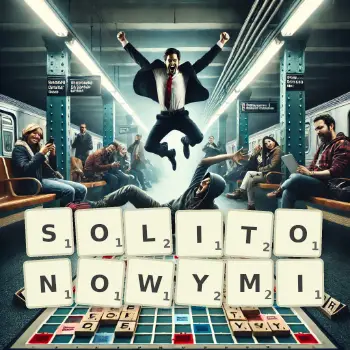 Kreatywna ilustracja do gry w Scrabble ze słowem SOLITONOWYMI ułożonym z płytek na planszy.