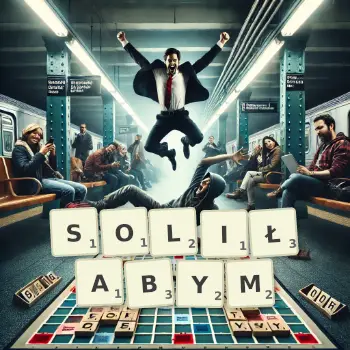 Kreatywna ilustracja do gry w Scrabble ze słowem SOLIŁABYM ułożonym z płytek na planszy.
