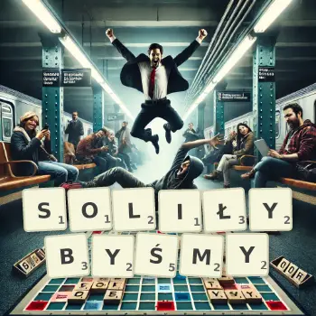 Kreatywna ilustracja do gry w Scrabble ze słowem SOLIŁYBYŚMY ułożonym z płytek na planszy.