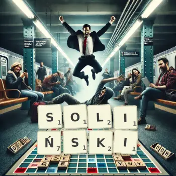 Kreatywna ilustracja do gry w Scrabble ze słowem SOLIŃSKI ułożonym z płytek na planszy.
