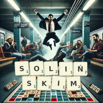 Kreatywna ilustracja do gry w Scrabble ze słowem SOLIŃSKIM ułożonym z płytek na planszy.