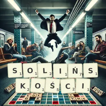 Kreatywna ilustracja do gry w Scrabble ze słowem SOLIŃSKOŚCI ułożonym z płytek na planszy.