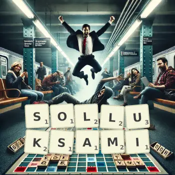 Kreatywna ilustracja do gry w Scrabble ze słowem SOLLUKSAMI ułożonym z płytek na planszy.
