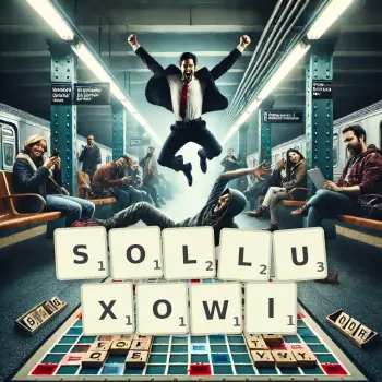 Kreatywna ilustracja do gry w Scrabble ze słowem SOLLUXOWI ułożonym z płytek na planszy.