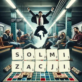 Kreatywna ilustracja do gry w Scrabble ze słowem SOLMIZACJI ułożonym z płytek na planszy.