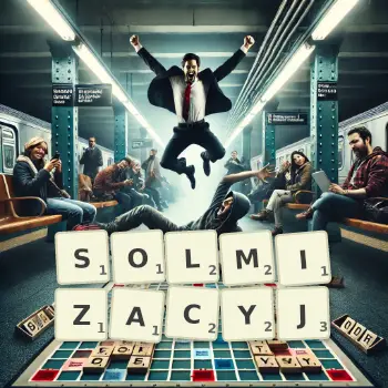Kreatywna ilustracja do gry w Scrabble ze słowem SOLMIZACYJ ułożonym z płytek na planszy.
