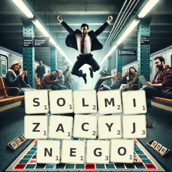 Kreatywna ilustracja do gry w Scrabble ze słowem SOLMIZACYJNEGO ułożonym z płytek na planszy.