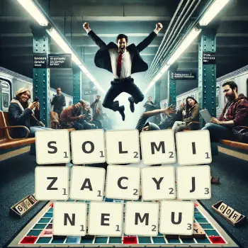Kreatywna ilustracja do gry w Scrabble ze słowem SOLMIZACYJNEMU ułożonym z płytek na planszy.