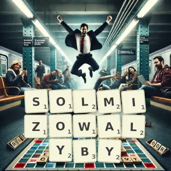 Kreatywna ilustracja do gry w Scrabble ze słowem SOLMIZOWALYBY ułożonym z płytek na planszy.
