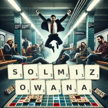 Kreatywna ilustracja do gry w Scrabble ze słowem SOLMIZOWANA ułożonym z płytek na planszy.