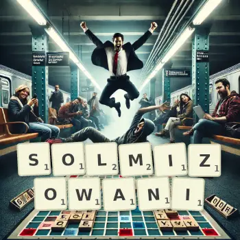 Kreatywna ilustracja do gry w Scrabble ze słowem SOLMIZOWANI ułożonym z płytek na planszy.