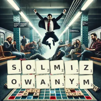 Kreatywna ilustracja do gry w Scrabble ze słowem SOLMIZOWANYM ułożonym z płytek na planszy.