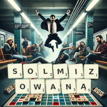 Kreatywna ilustracja do gry w Scrabble ze słowem SOLMIZOWANĄ ułożonym z płytek na planszy.