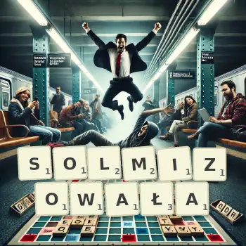 Kreatywna ilustracja do gry w Scrabble ze słowem SOLMIZOWAŁA ułożonym z płytek na planszy.