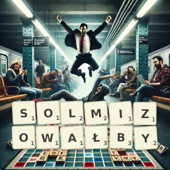 Kreatywna ilustracja do gry w Scrabble ze słowem SOLMIZOWAŁBY ułożonym z płytek na planszy.