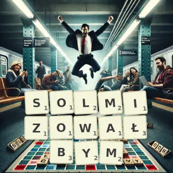Kreatywna ilustracja do gry w Scrabble ze słowem SOLMIZOWAŁBYM ułożonym z płytek na planszy.