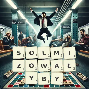 Kreatywna ilustracja do gry w Scrabble ze słowem SOLMIZOWAŁYBY ułożonym z płytek na planszy.