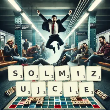 Kreatywna ilustracja do gry w Scrabble ze słowem SOLMIZUJCIE ułożonym z płytek na planszy.