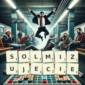 Kreatywna ilustracja do gry w Scrabble ze słowem SOLMIZUJECIE ułożonym z płytek na planszy.