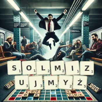 Kreatywna ilustracja do gry w Scrabble ze słowem SOLMIZUJMYŻ ułożonym z płytek na planszy.