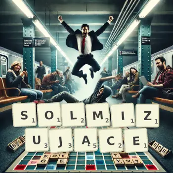 Kreatywna ilustracja do gry w Scrabble ze słowem SOLMIZUJĄCE ułożonym z płytek na planszy.