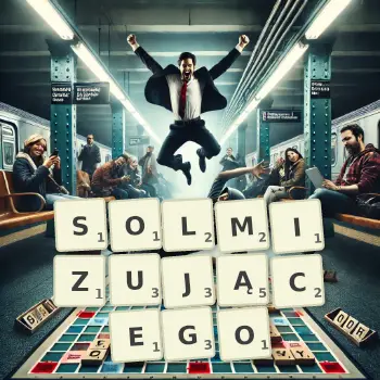 Kreatywna ilustracja do gry w Scrabble ze słowem SOLMIZUJĄCEGO ułożonym z płytek na planszy.