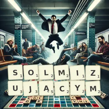 Kreatywna ilustracja do gry w Scrabble ze słowem SOLMIZUJĄCYM ułożonym z płytek na planszy.