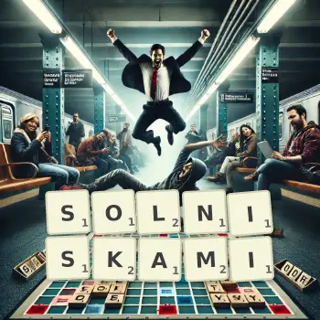 Kreatywna ilustracja do gry w Scrabble ze słowem SOLNISKAMI ułożonym z płytek na planszy.