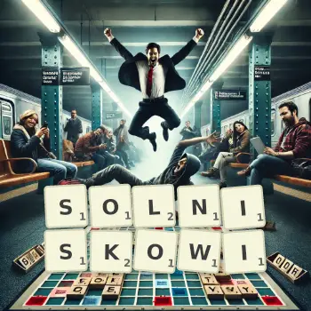 Kreatywna ilustracja do gry w Scrabble ze słowem SOLNISKOWI ułożonym z płytek na planszy.