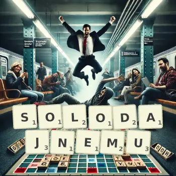 Kreatywna ilustracja do gry w Scrabble ze słowem SOLODAJNEMU ułożonym z płytek na planszy.