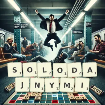 Kreatywna ilustracja do gry w Scrabble ze słowem SOLODAJNYMI ułożonym z płytek na planszy.