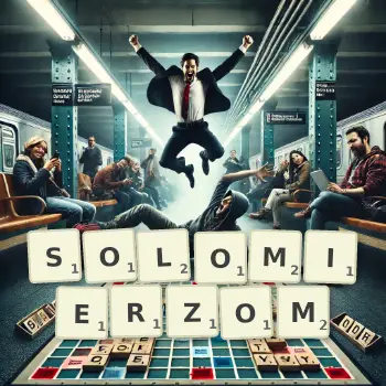 Kreatywna ilustracja do gry w Scrabble ze słowem SOLOMIERZOM ułożonym z płytek na planszy.