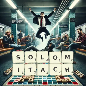 Kreatywna ilustracja do gry w Scrabble ze słowem SOLOMITACH ułożonym z płytek na planszy.