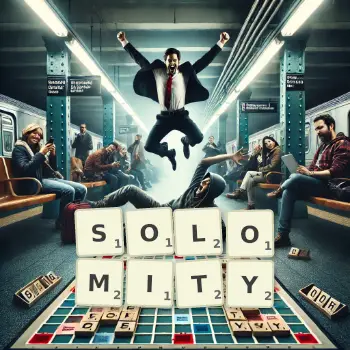 Kreatywna ilustracja do gry w Scrabble ze słowem SOLOMITY ułożonym z płytek na planszy.