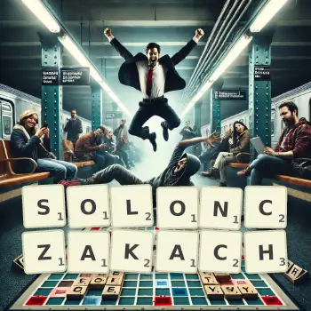 Kreatywna ilustracja do gry w Scrabble ze słowem SOLONCZAKACH ułożonym z płytek na planszy.