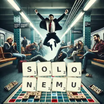 Kreatywna ilustracja do gry w Scrabble ze słowem SOLONEMU ułożonym z płytek na planszy.