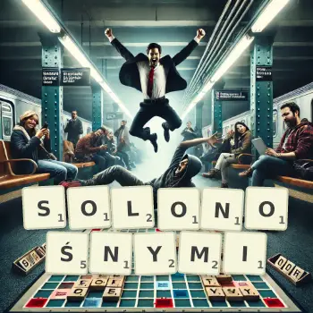 Kreatywna ilustracja do gry w Scrabble ze słowem SOLONOŚNYMI ułożonym z płytek na planszy.