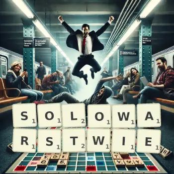 Kreatywna ilustracja do gry w Scrabble ze słowem SOLOWARSTWIE ułożonym z płytek na planszy.